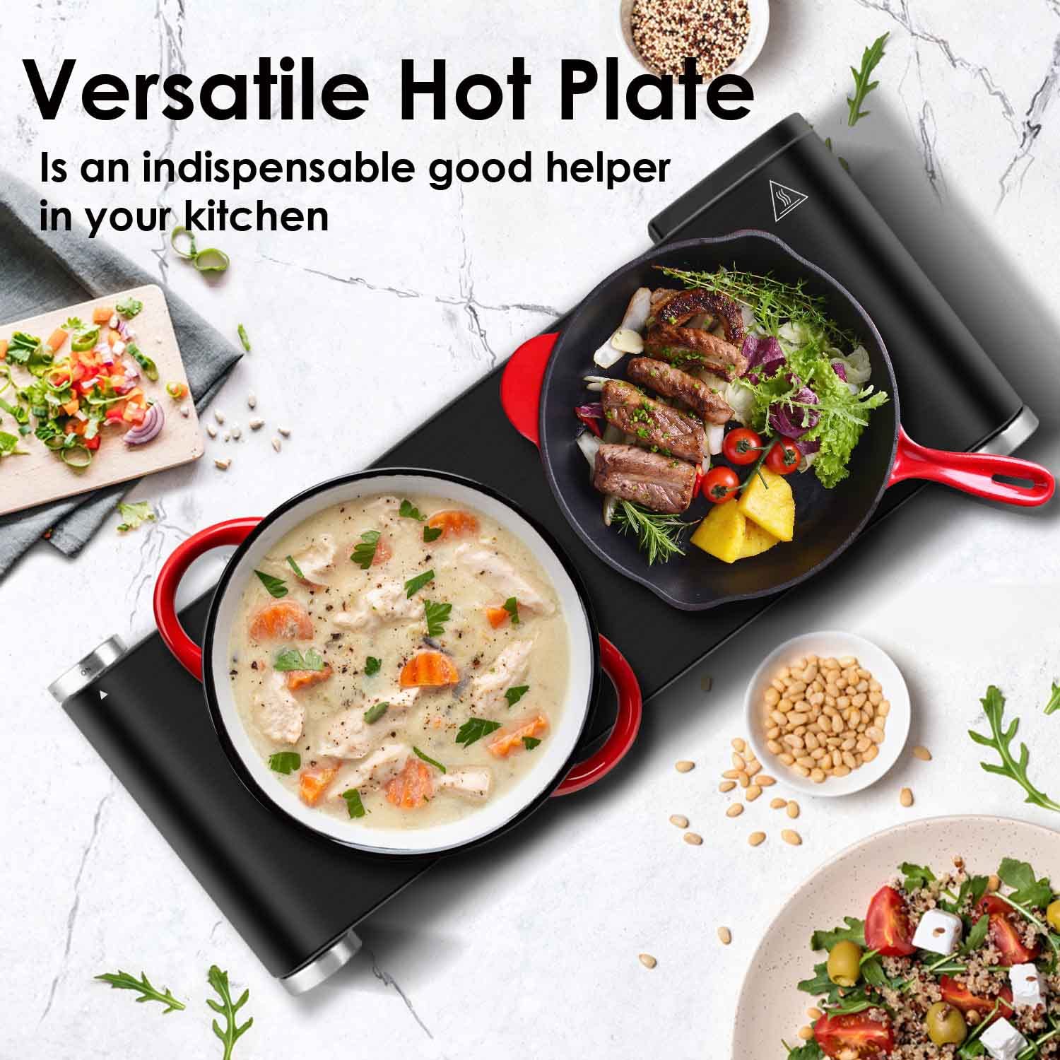 CUSIMAX hot plate with non-slip feet on a kitchen counter.