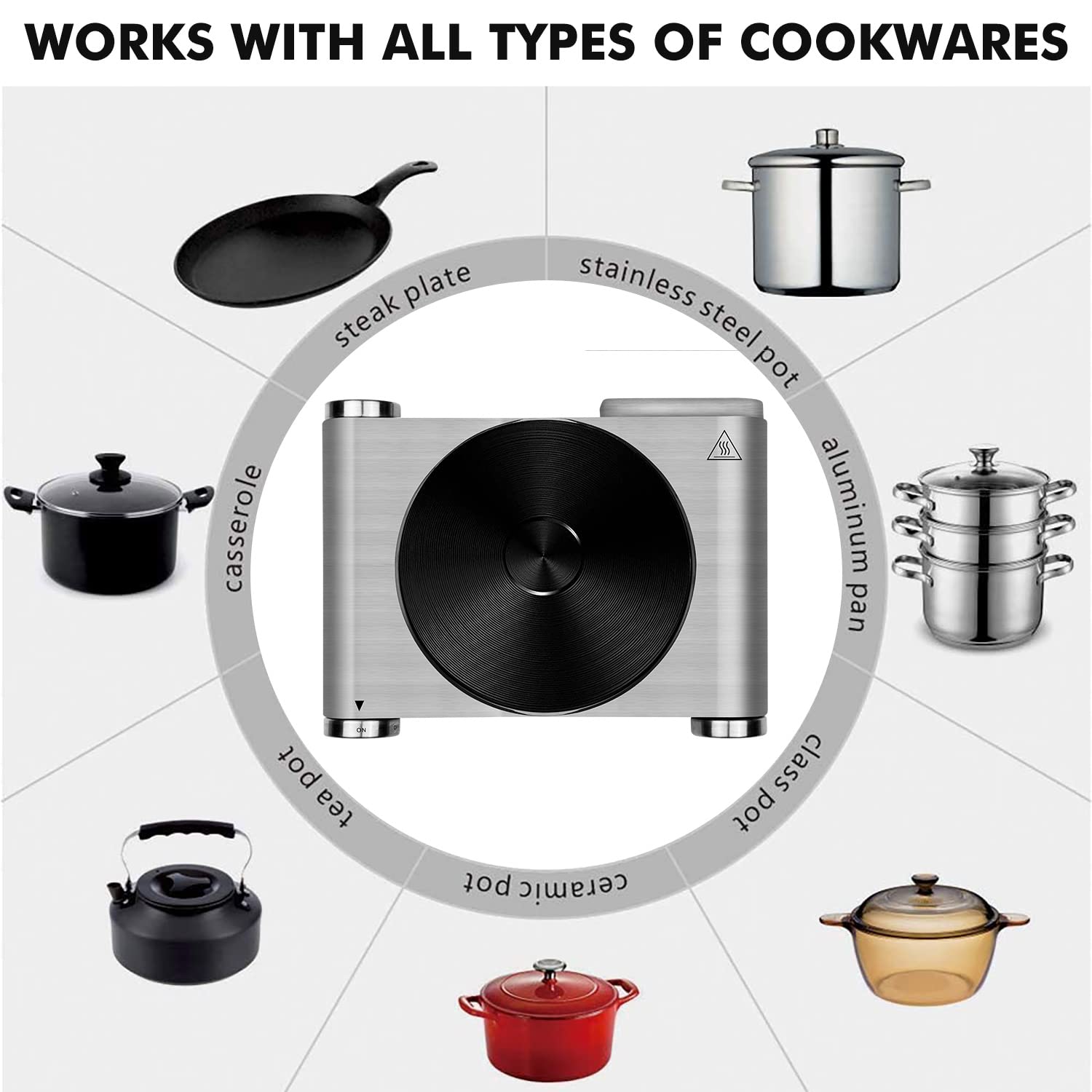 CUSIMAX hot plate side view in silver showing compact, sturdy construction.