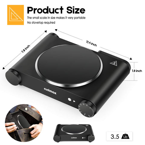 Cusimax stove side view showing slim profile suited for apartment counters.