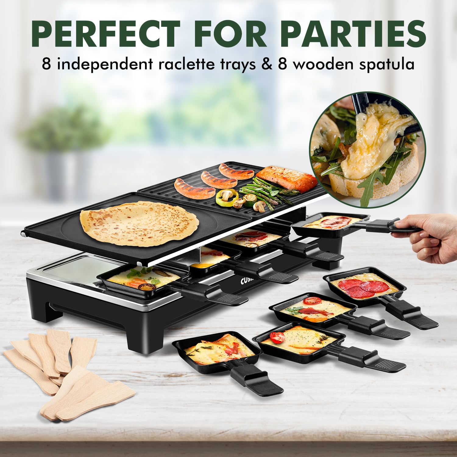 CUSIMAX Raclette Grill dinner party setup inviting social dining.