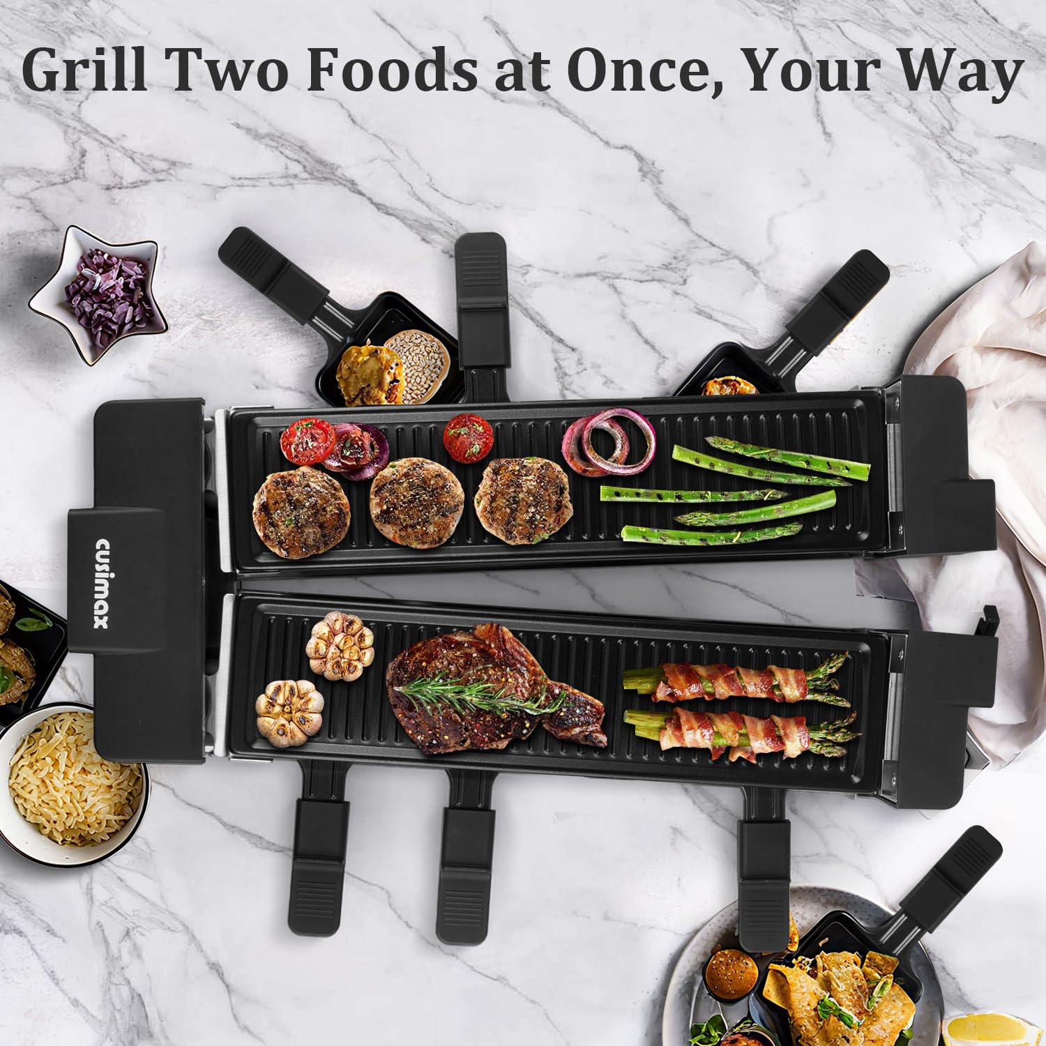CUSIMAX raclette grill dual plates with independent controls for flexible cooking