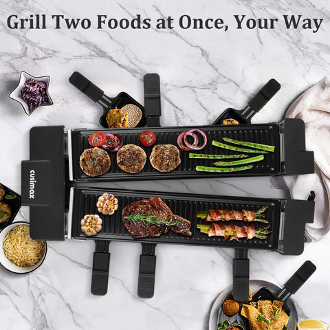 CUSIMAX raclette grill dual plates with independent controls for flexible cooking