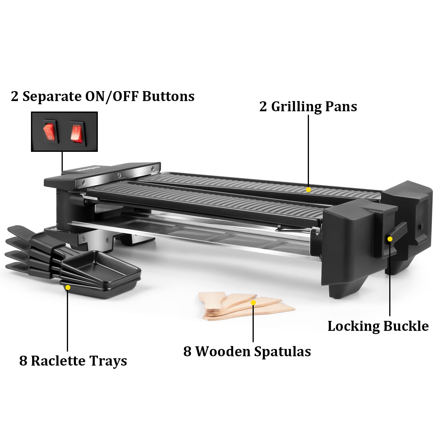 CUSIMAX raclette grill includes eight mini pans for personalized portions