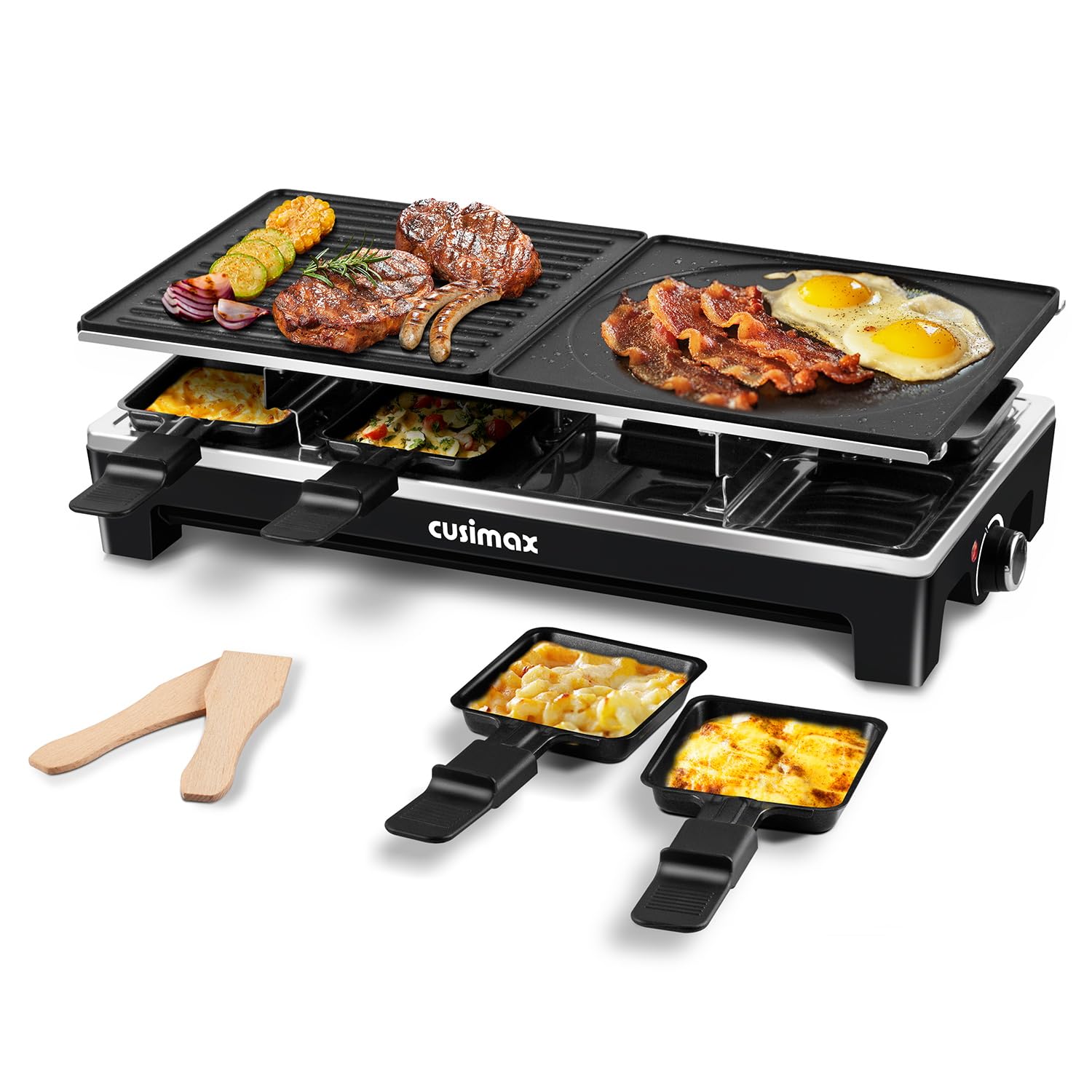 CUSIMAX Raclette Grill front view showing compact, versatile cooking for gatherings.