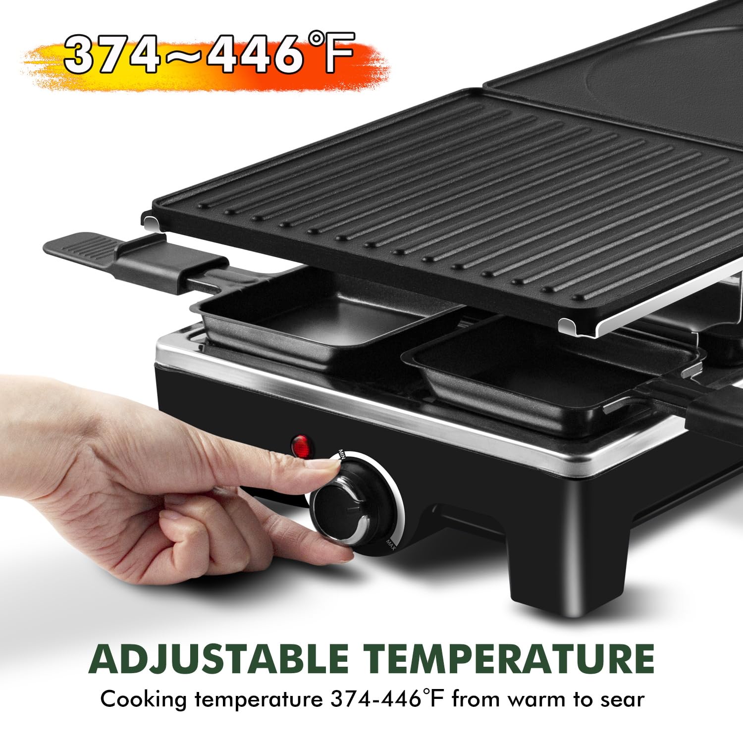 CUSIMAX Raclette Pan set with eight pans and wooden paddles for interactive dining.