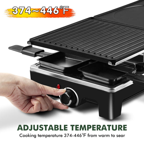 CUSIMAX Raclette Pan set with eight pans and wooden paddles for interactive dining.