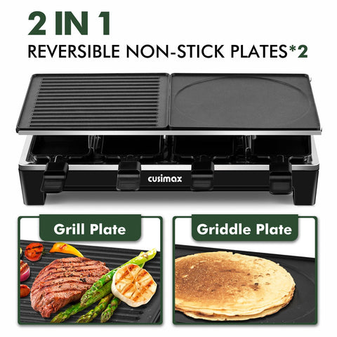CUSIMAX Raclette Grill with reversible plates for grill and griddle versatility.