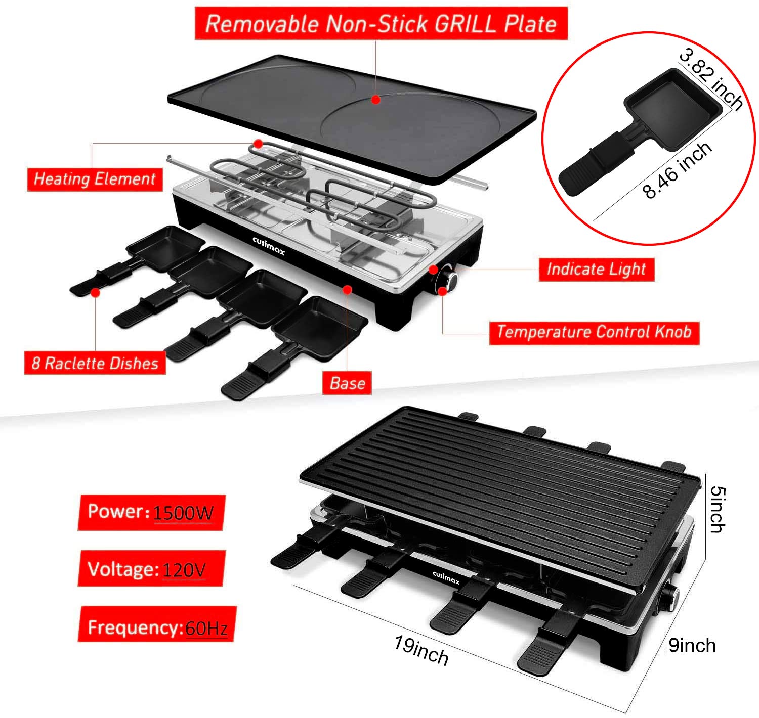 CUSIMAX Raclette Grill eight trays keeping cheese and sides warm at the table