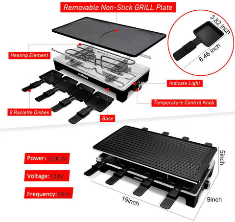 CUSIMAX Raclette Grill eight trays keeping cheese and sides warm at the table