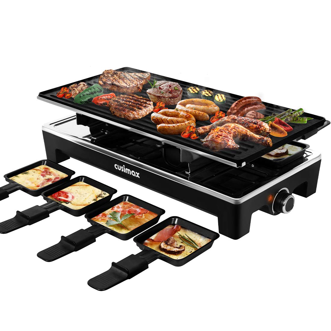 CUSIMAX Raclette Grill top view shows a 2-in-1 setup for easy entertaining