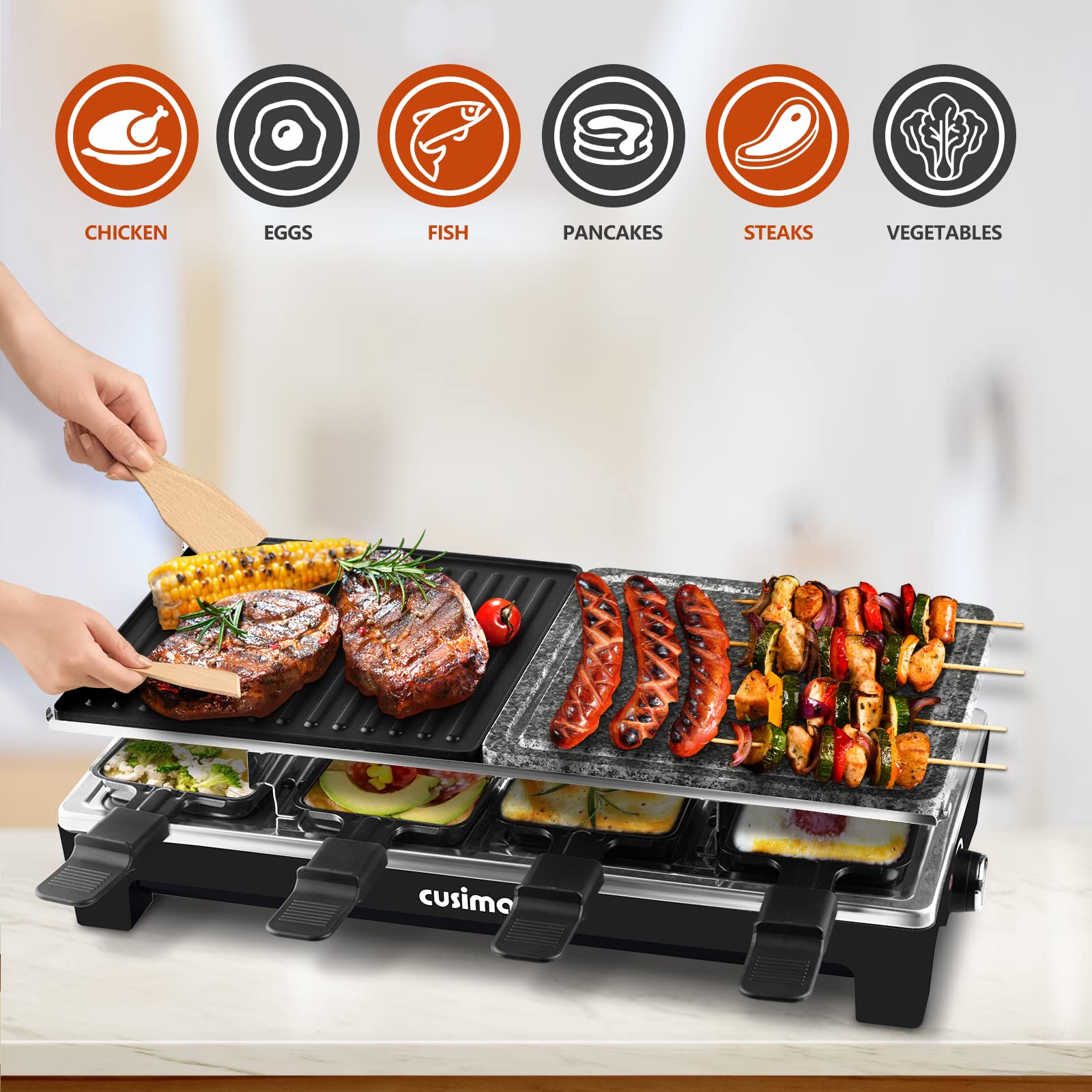 CUSIMAX Raclette Table Grill adjustable heating control helps tailor browning and timing.