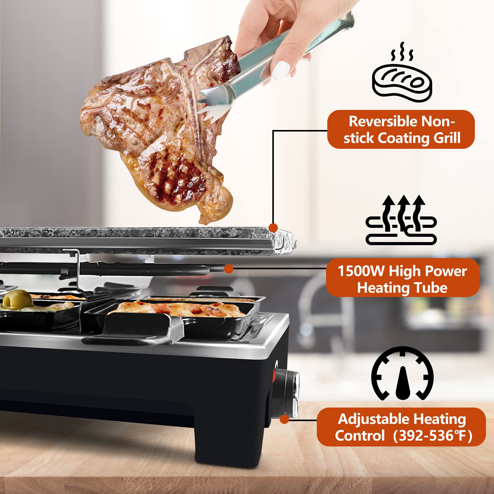 CUSIMAX Raclette pans and wooden spatulas arranged for shared meals and individual portions.