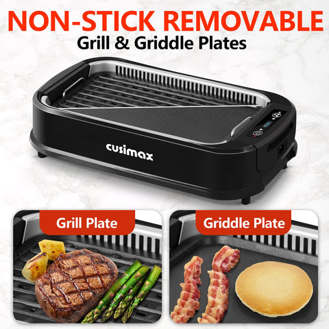 CUSIMAX smokeless indoor grill with glass lid showing covered cooking area