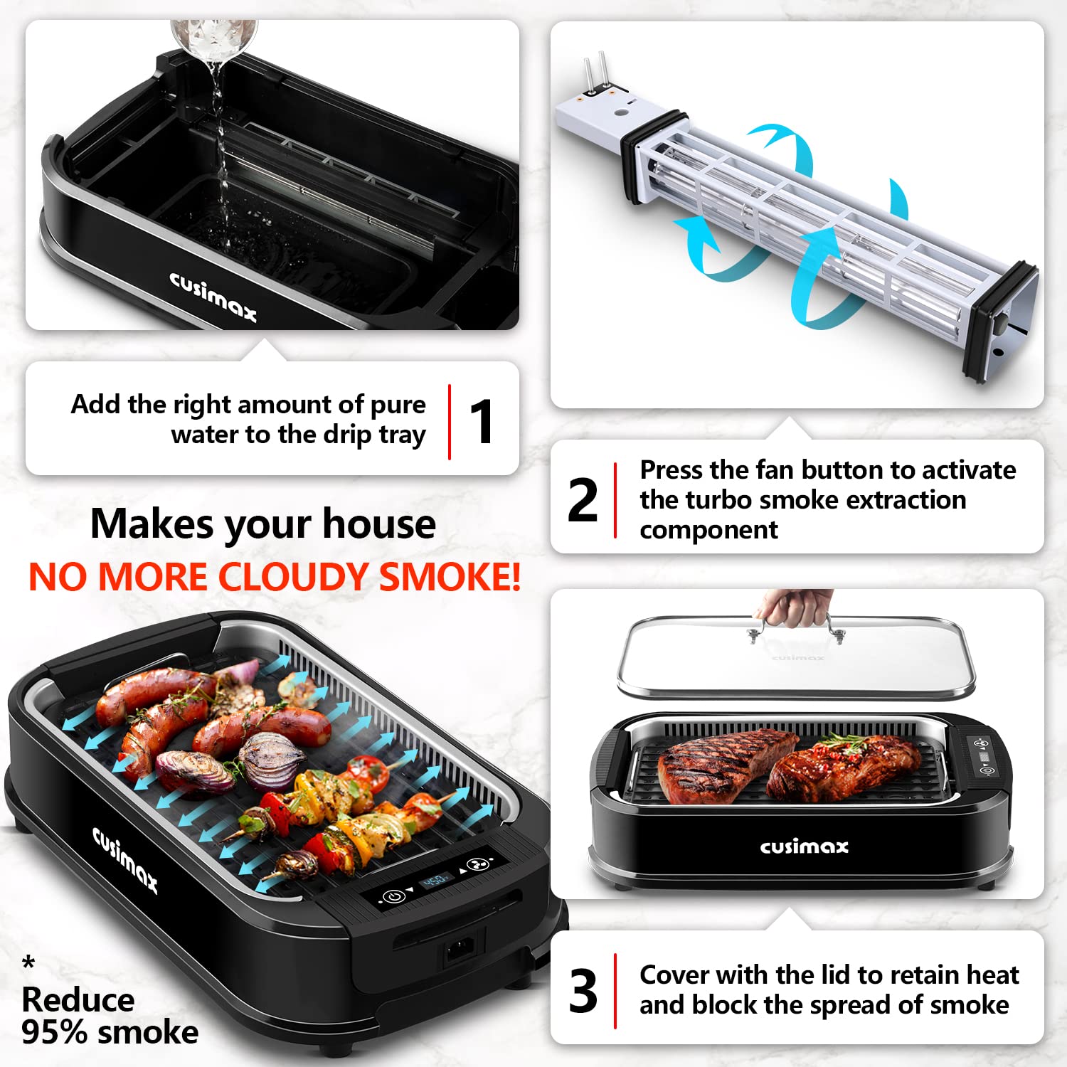 CUSIMAX smokeless indoor grill perforated plate draining oil and searing marks
