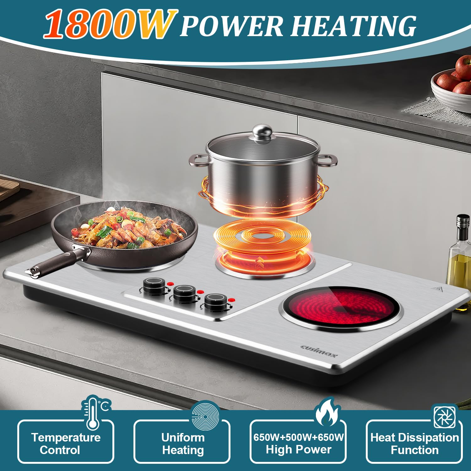 Cusimax temperature control knob showing precise heat levels for versatile cooking