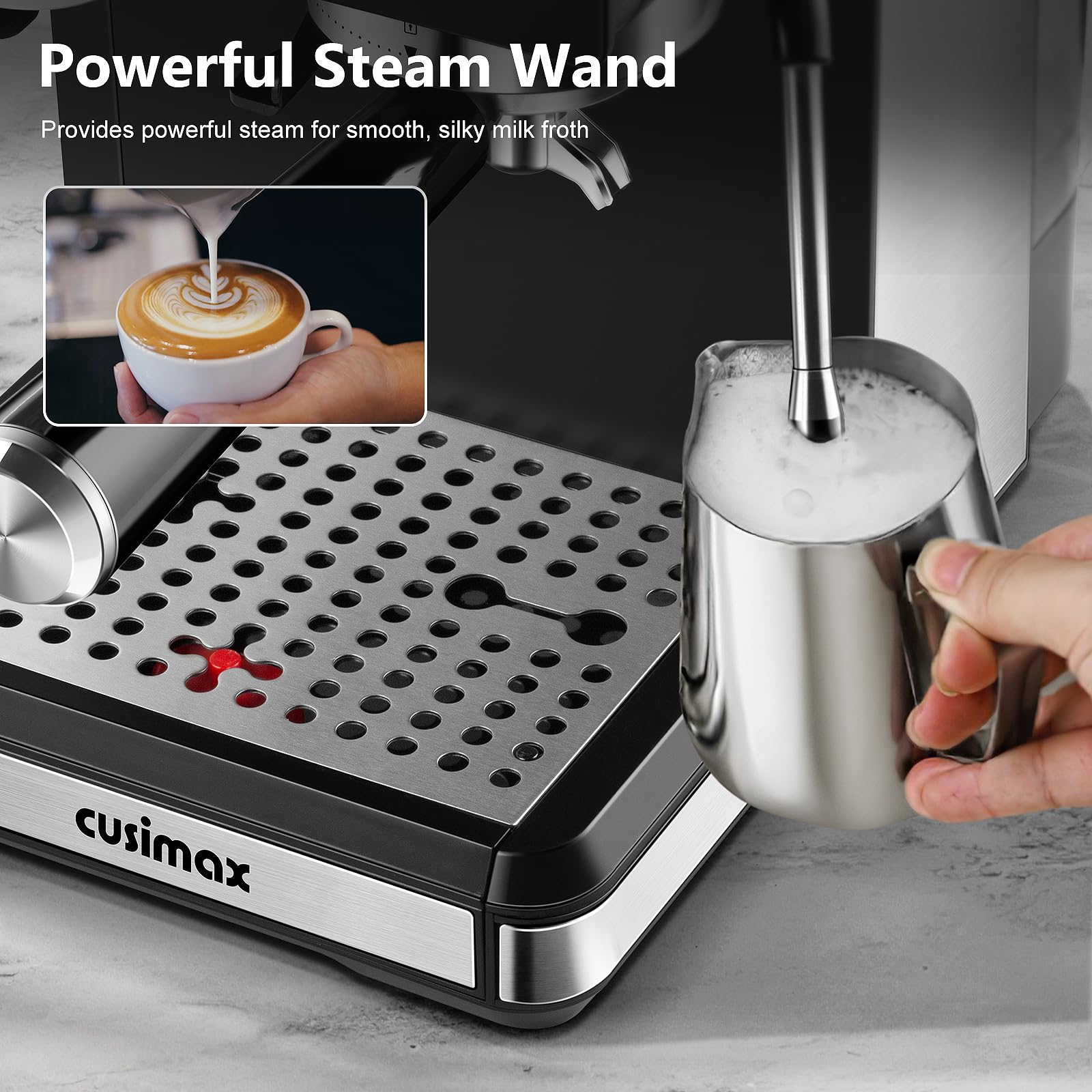 Cusimax removable water tank – 1.8L capacity for longer brewing.