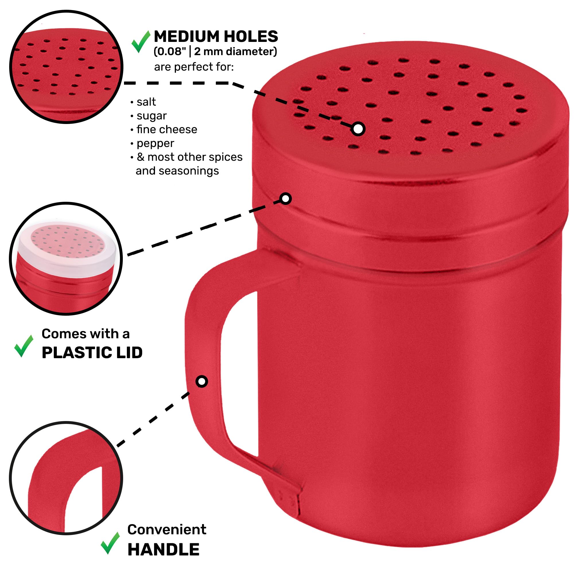 CUSINIUM 10oz red dredge shakers provide controlled seasoning at meals.