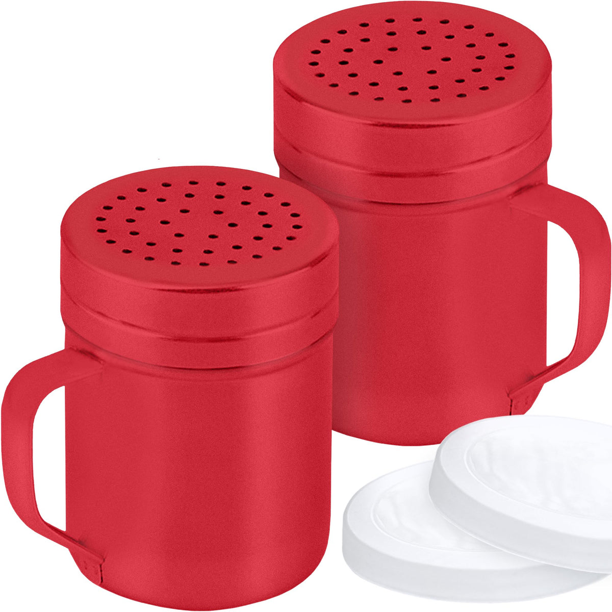 CUSINIUM red stainless steel salt pepper dredge shakers with handle for easy table seasoning.
