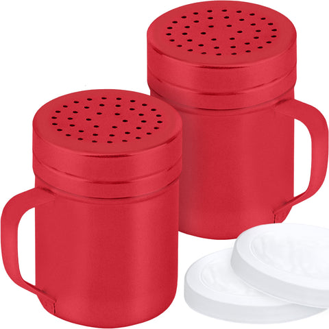 CUSINIUM red stainless steel salt pepper dredge shakers with handle for easy table seasoning.