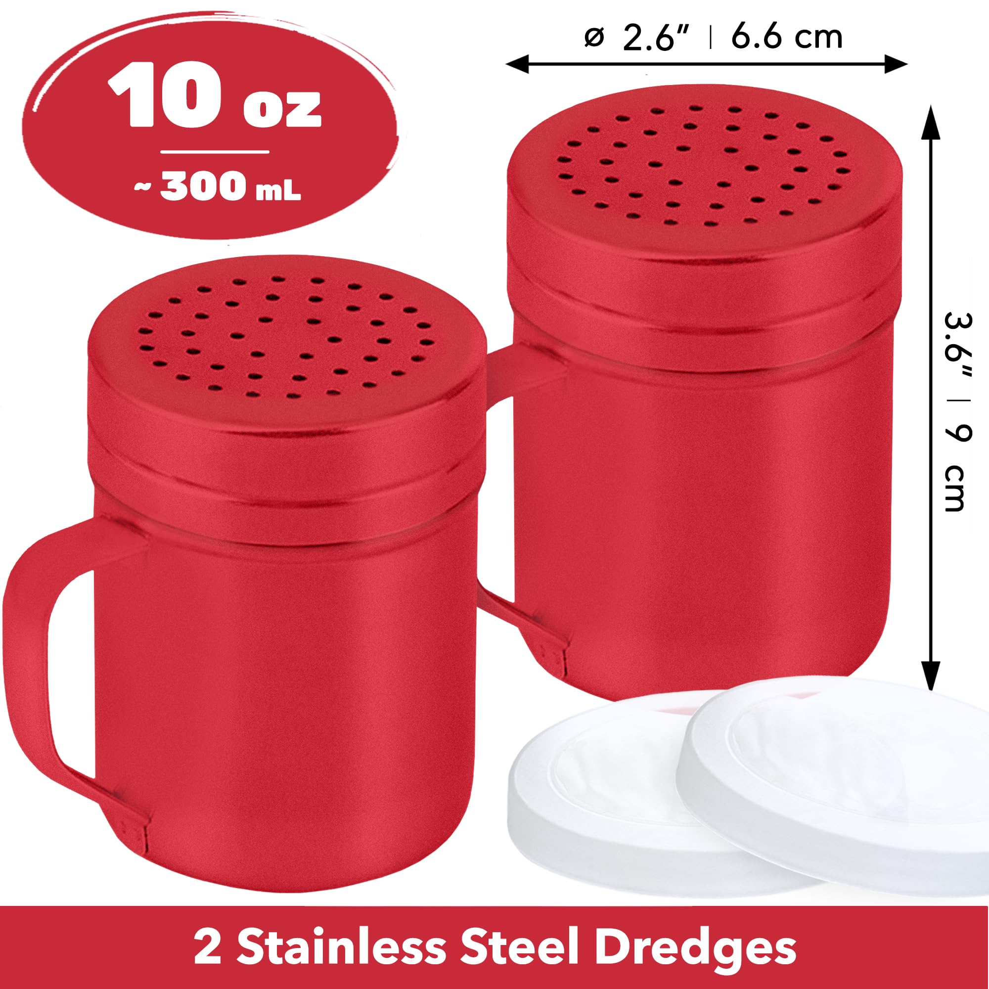 CUSINIUM red dredge shakers with twist-off lids and plastic caps for mess-free dispensing.