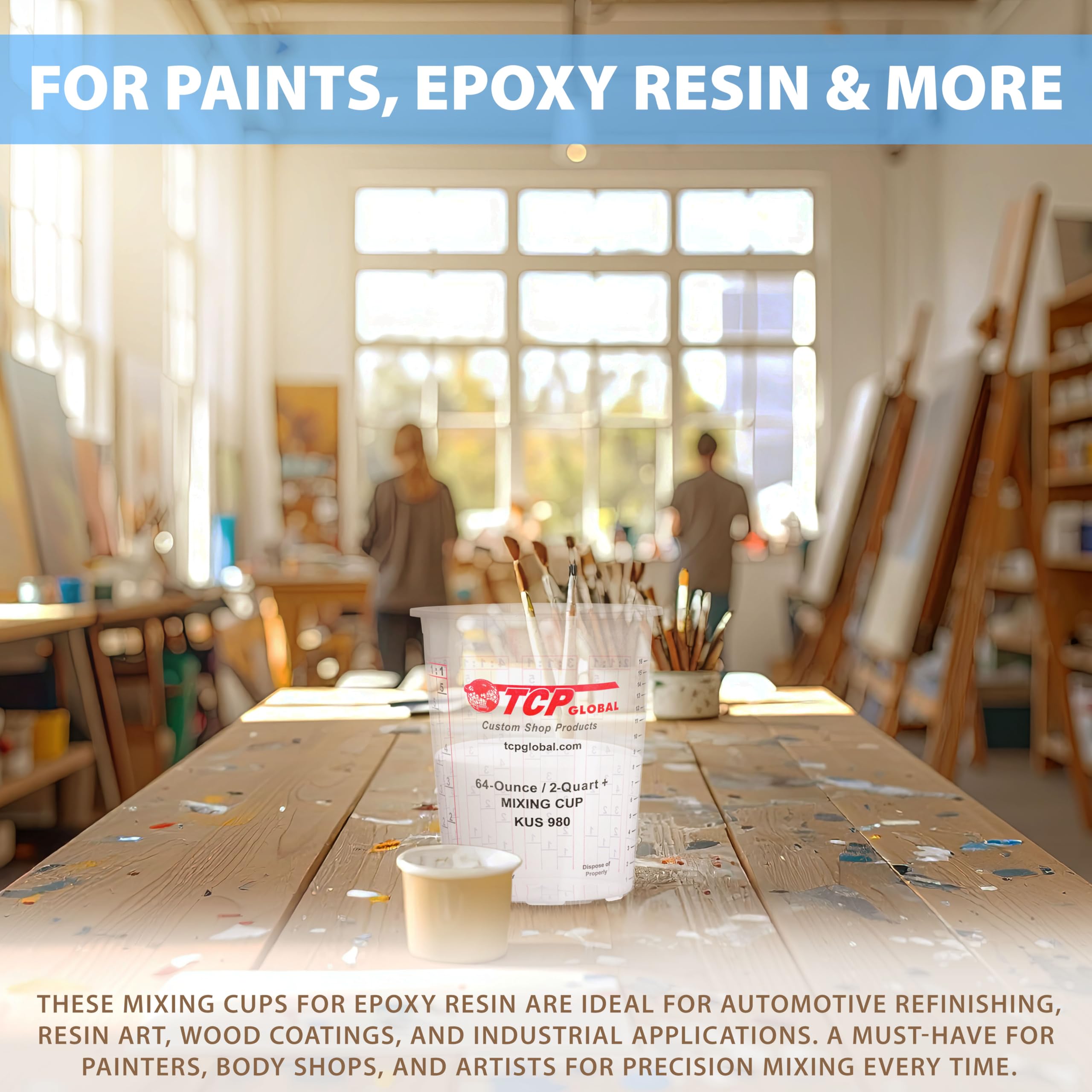 Custom Shop acrylic arts setup with clear cups for color prep.