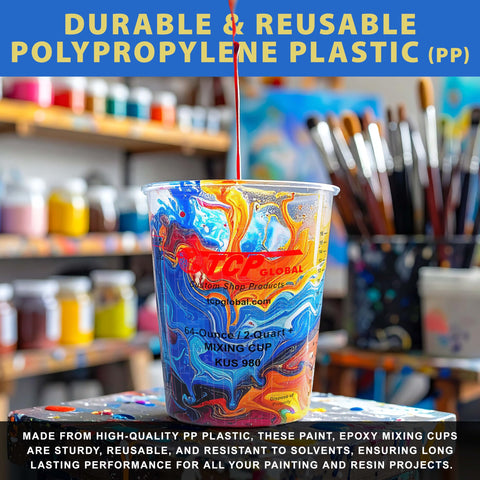 Custom Shop 64oz epoxy resin use cups demonstrate resin-to-hardener measurement.