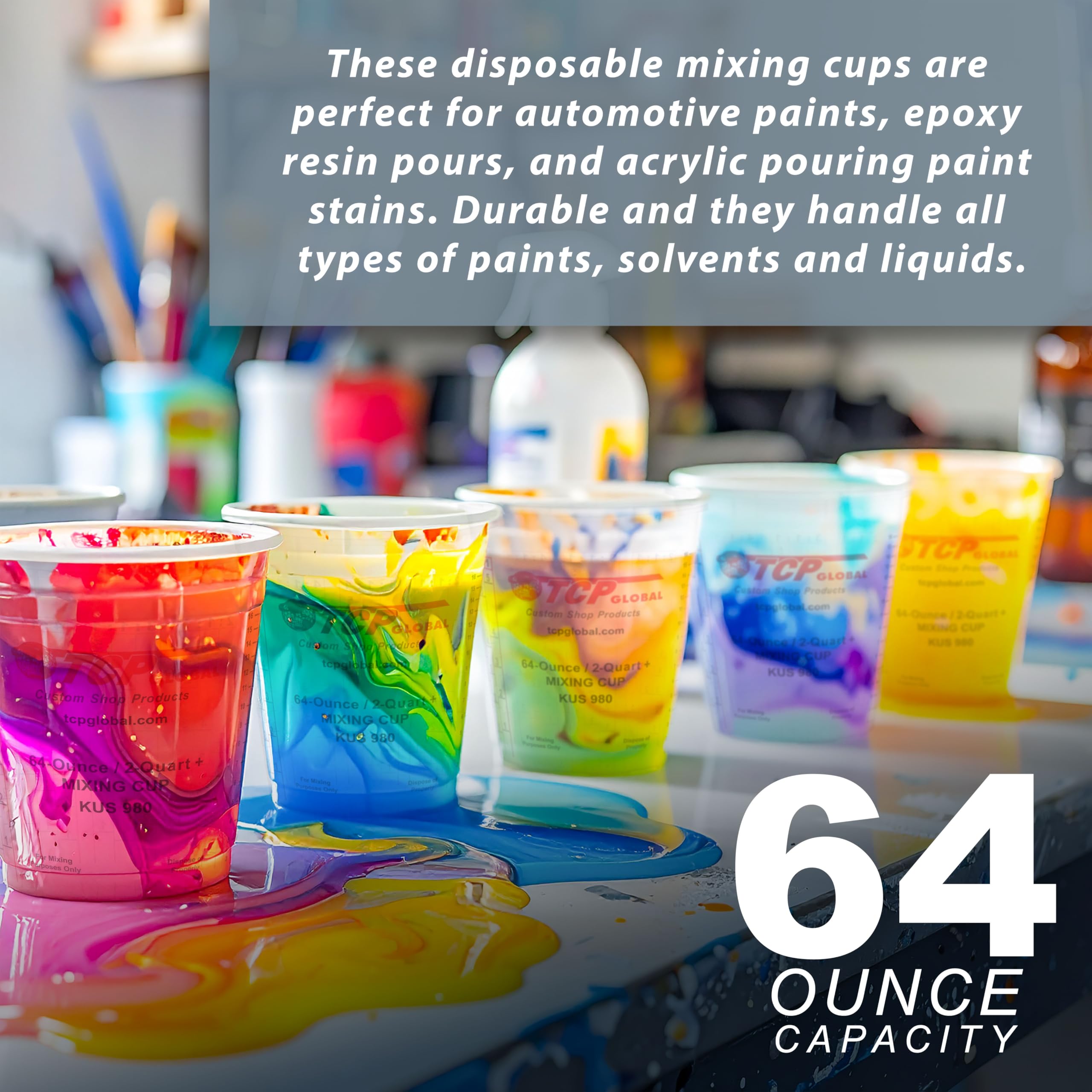 Custom Shop cups show ratio scales for precise epoxy blends.