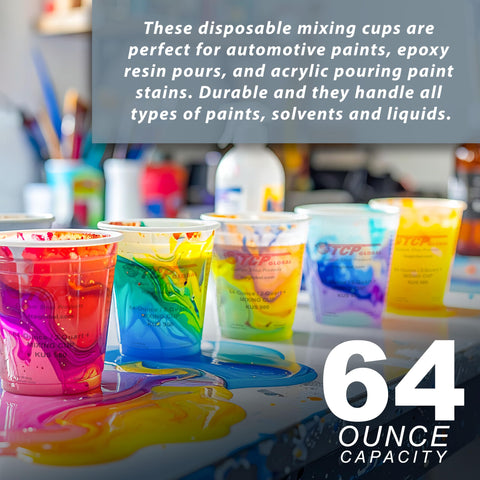 Custom Shop cups show ratio scales for precise epoxy blends.