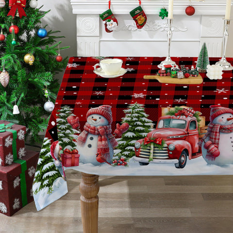 Cusugbaso Christmas tablecloth snowman and truck design for festive table decor.