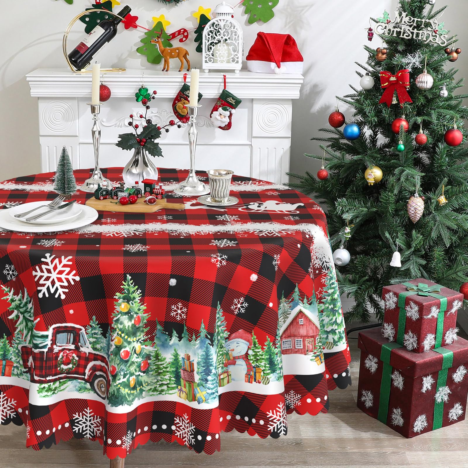 Cusugbaso round tablecloth 70in with red truck buffalo plaid for festive dining.