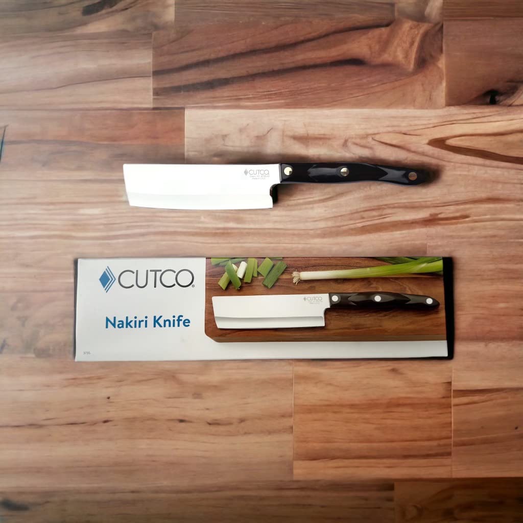 Cutco Nakiri knife with straight blade enables precise vegetable slicing.