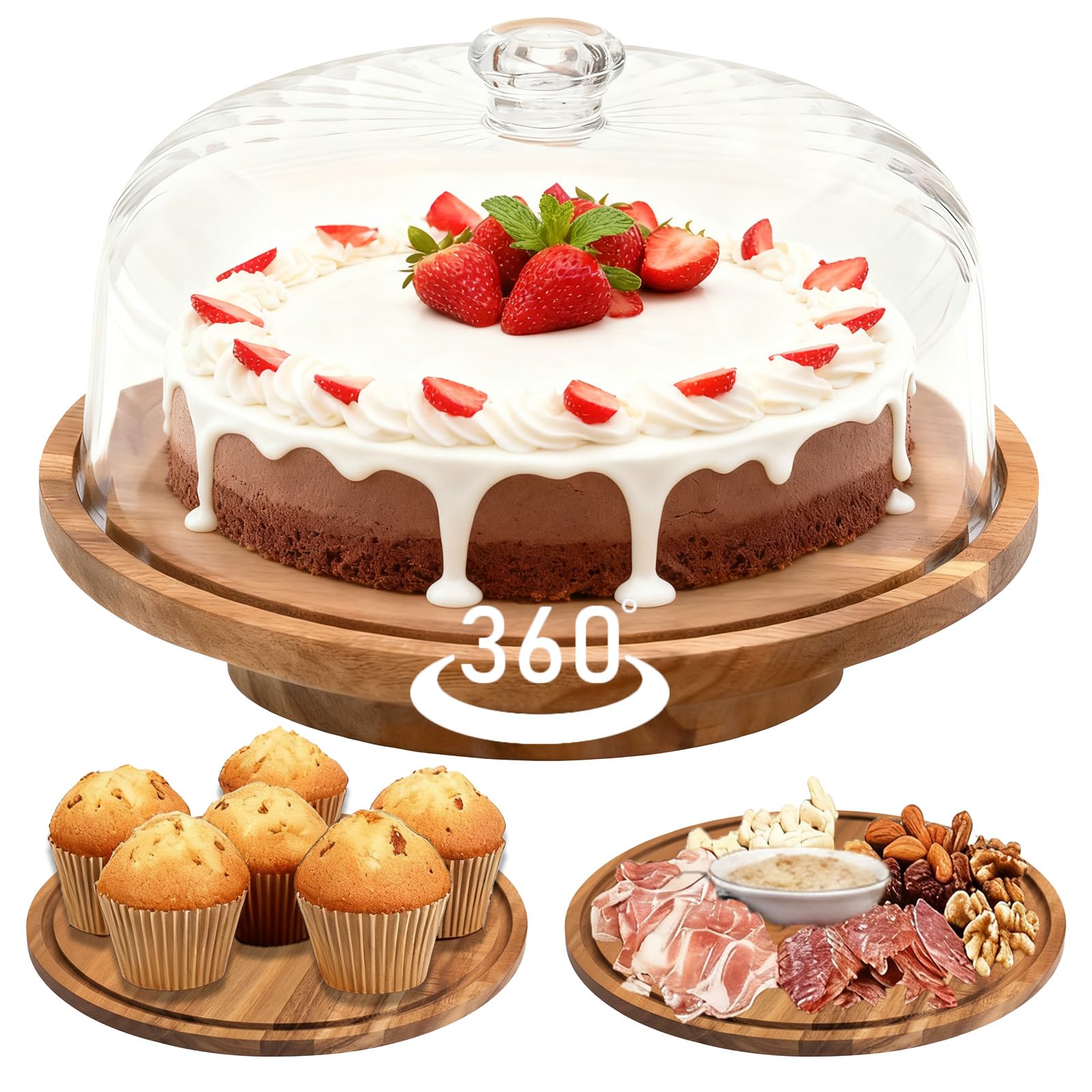 Cutesun acacia wood cake stand with lid for elegant dessert displays.