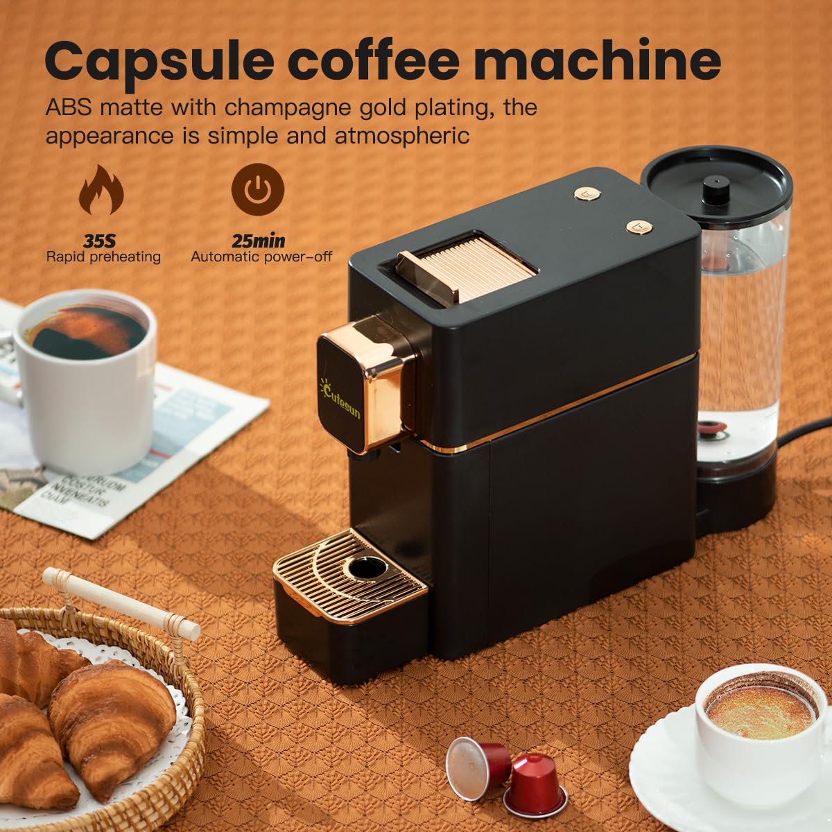 Cutesun Mini Espresso Machine 19bar pump delivers rich espresso.