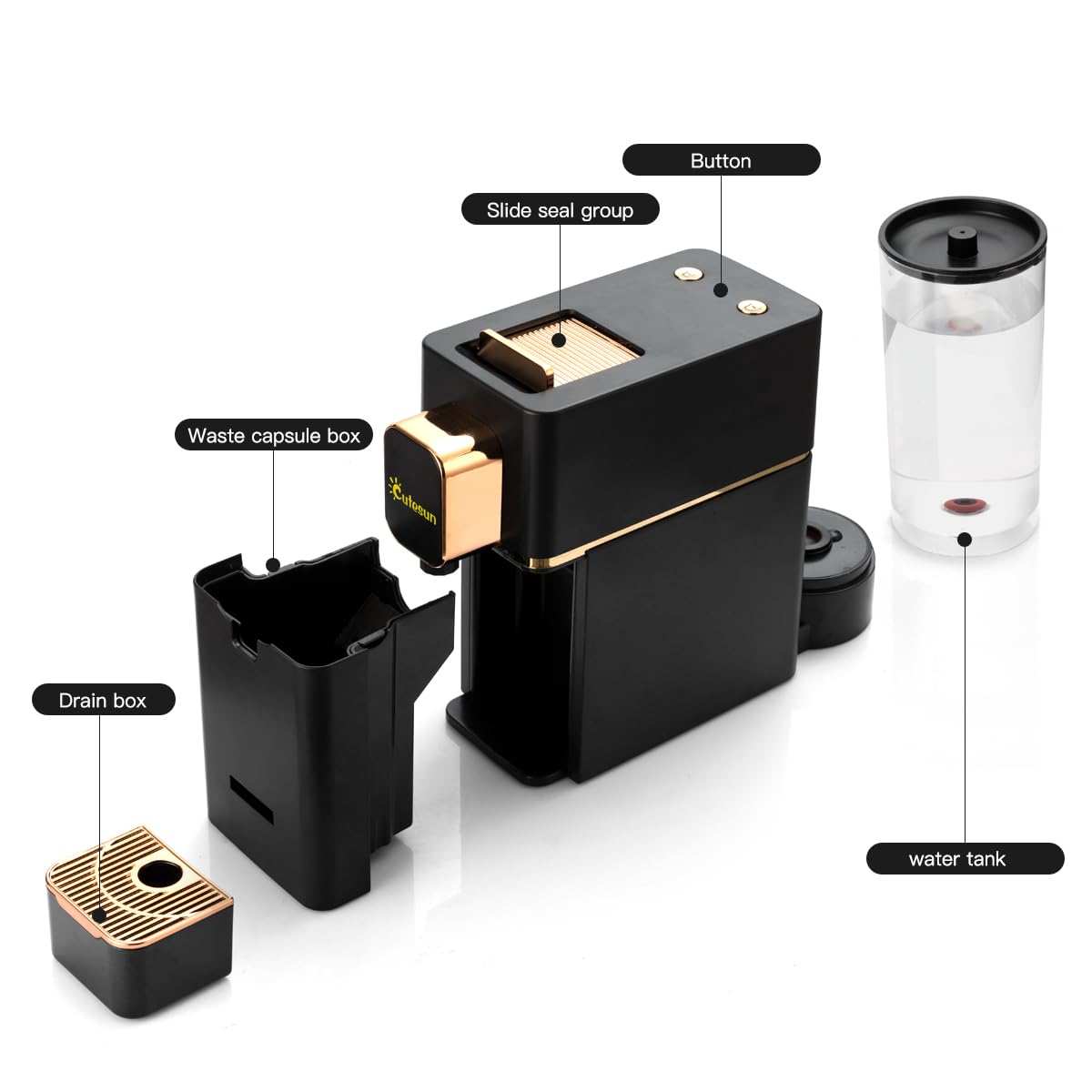 Cutesun Mini Espresso Machine two programmable buttons for espresso and lungo.