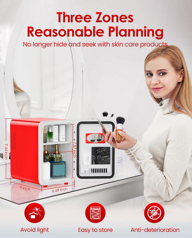 CUTIEWORLD skincare fridge 4L door-open layout highlights compact cooling and warming.
