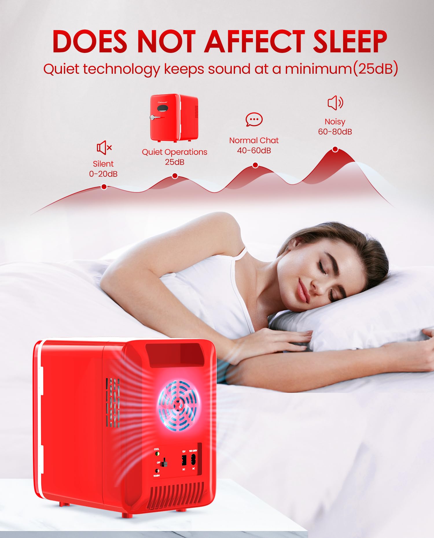 CUTIEWORLD skincare fridge 4L red unit offers quiet operation at night.