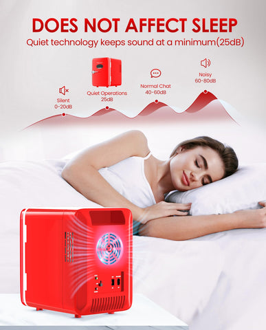 CUTIEWORLD skincare fridge 4L red unit offers quiet operation at night.