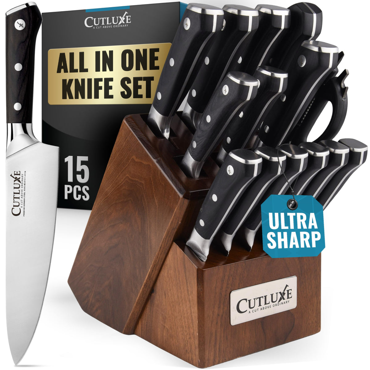 Cutluxe 15-piece knife set in walnut block for precise everyday prep