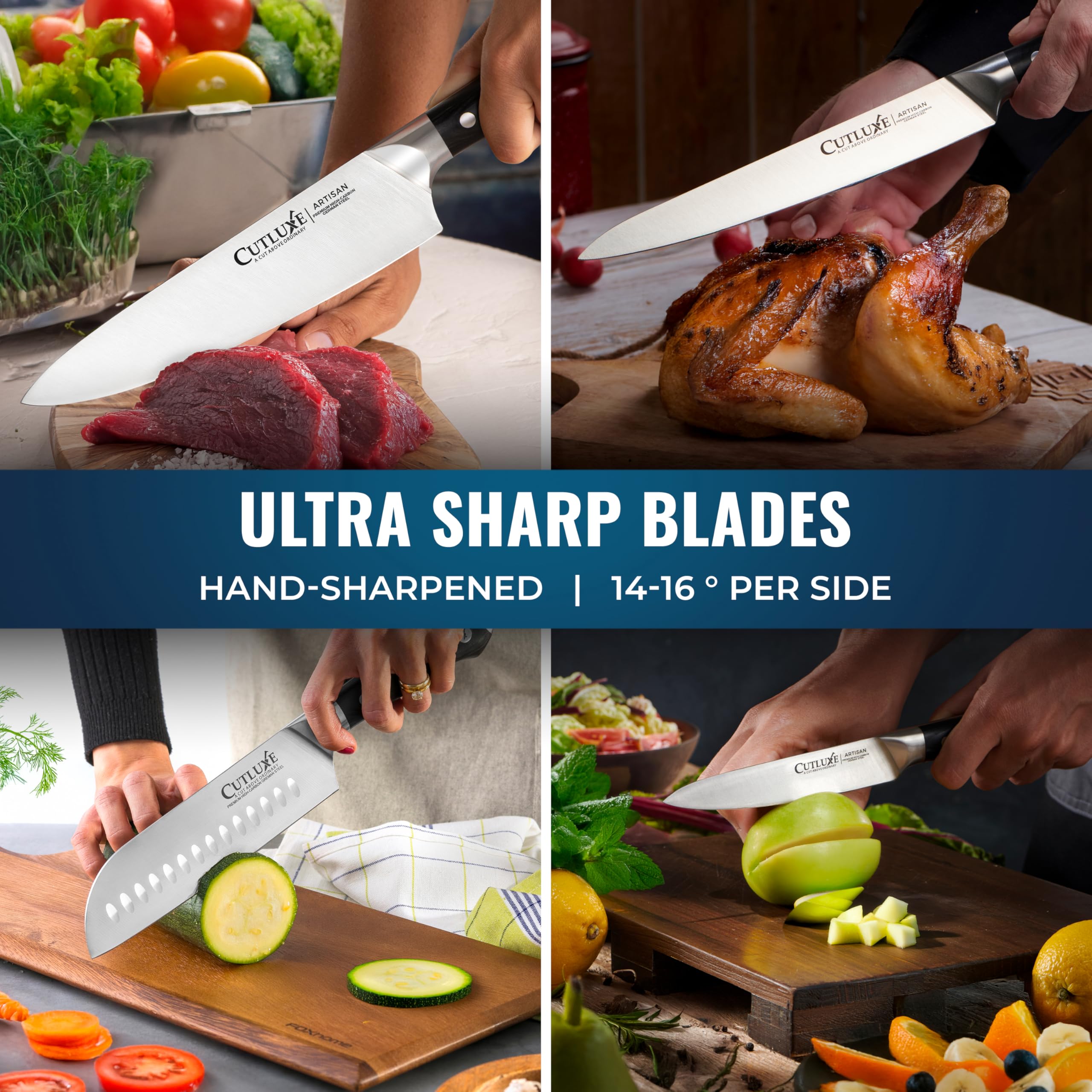 Cutluxe 5.5-inch utility knife for daily prep and trimming tasks.