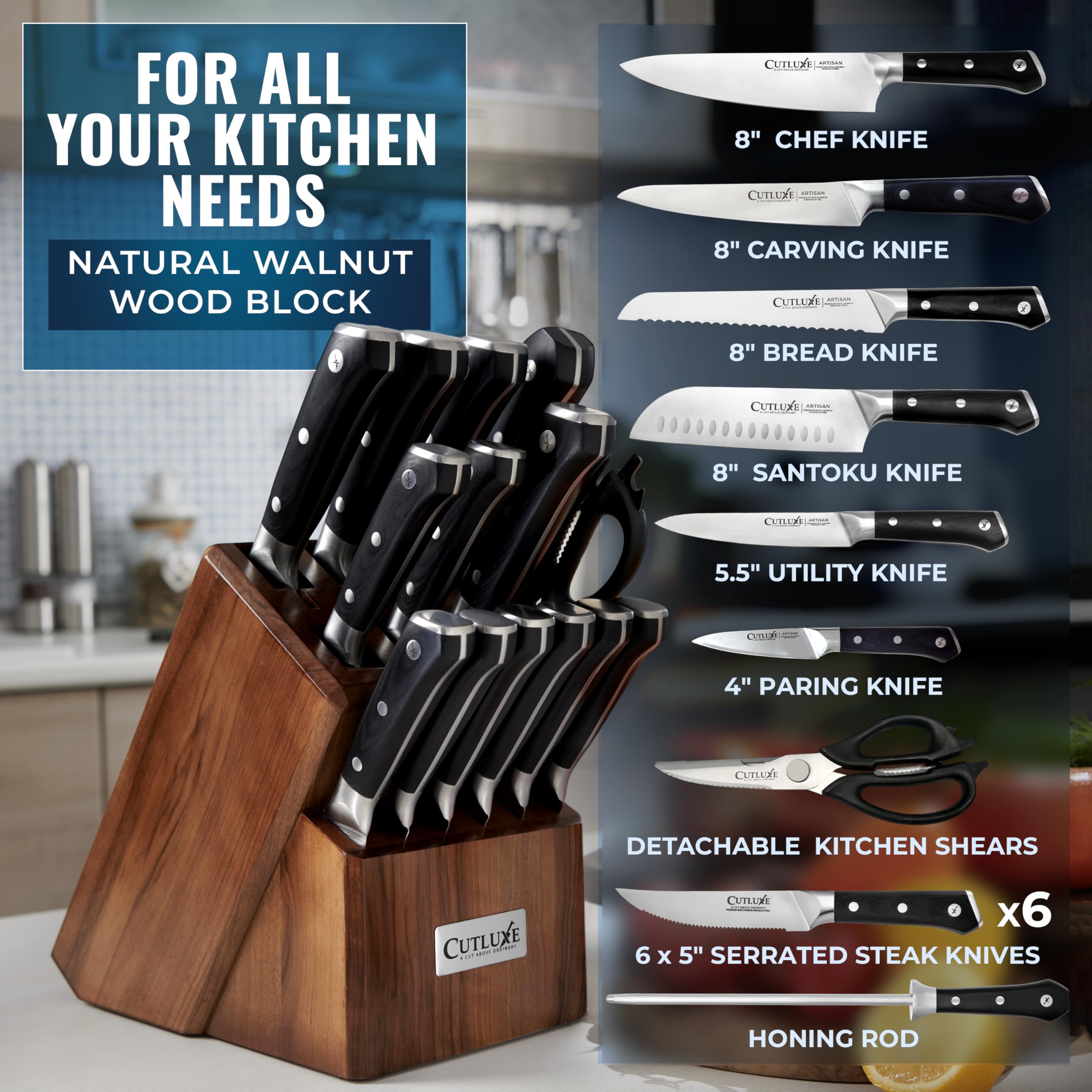 Cutluxe 7 inch Santoku knife for quick, clean cuts