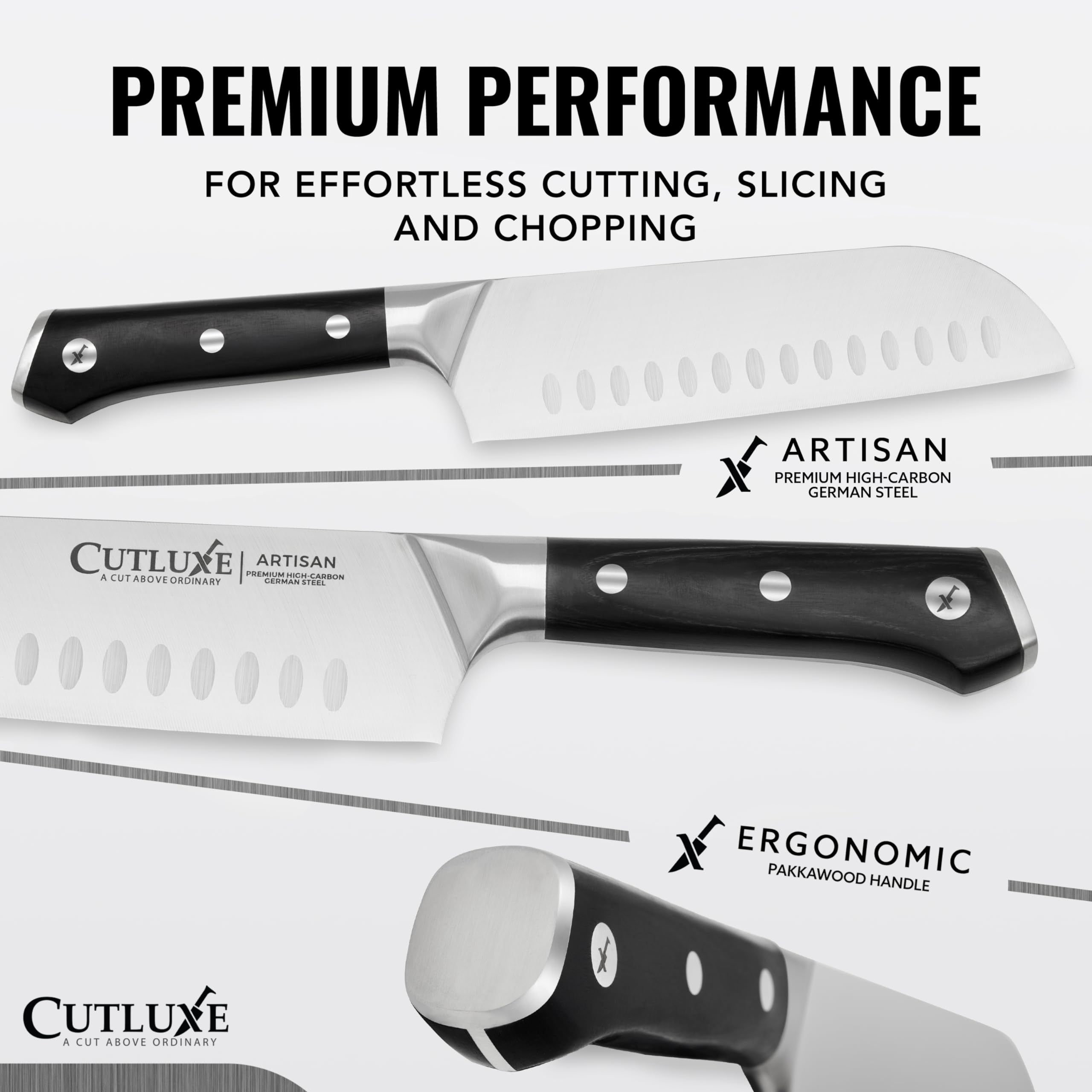 Cutluxe Artisan 3-Piece Knife Set: 5-1/2-inch Utility blade ideal for small prep tasks.