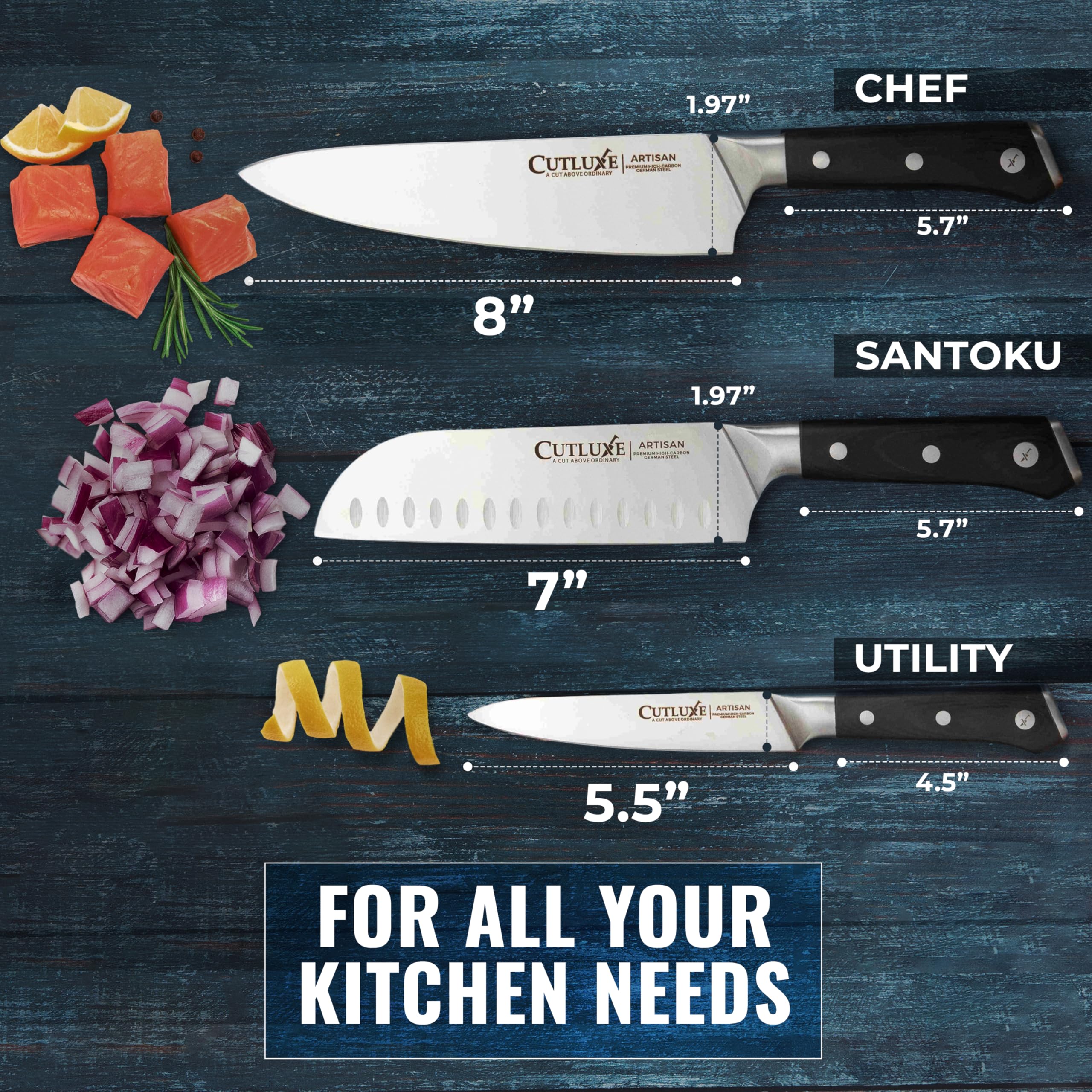 Cutluxe Artisan 3-Piece Chef Knife Set: 7-inch Santoku blade for precise chopping.