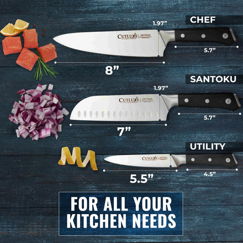 Cutluxe Artisan 3-Piece Chef Knife Set: 7-inch Santoku blade for precise chopping.