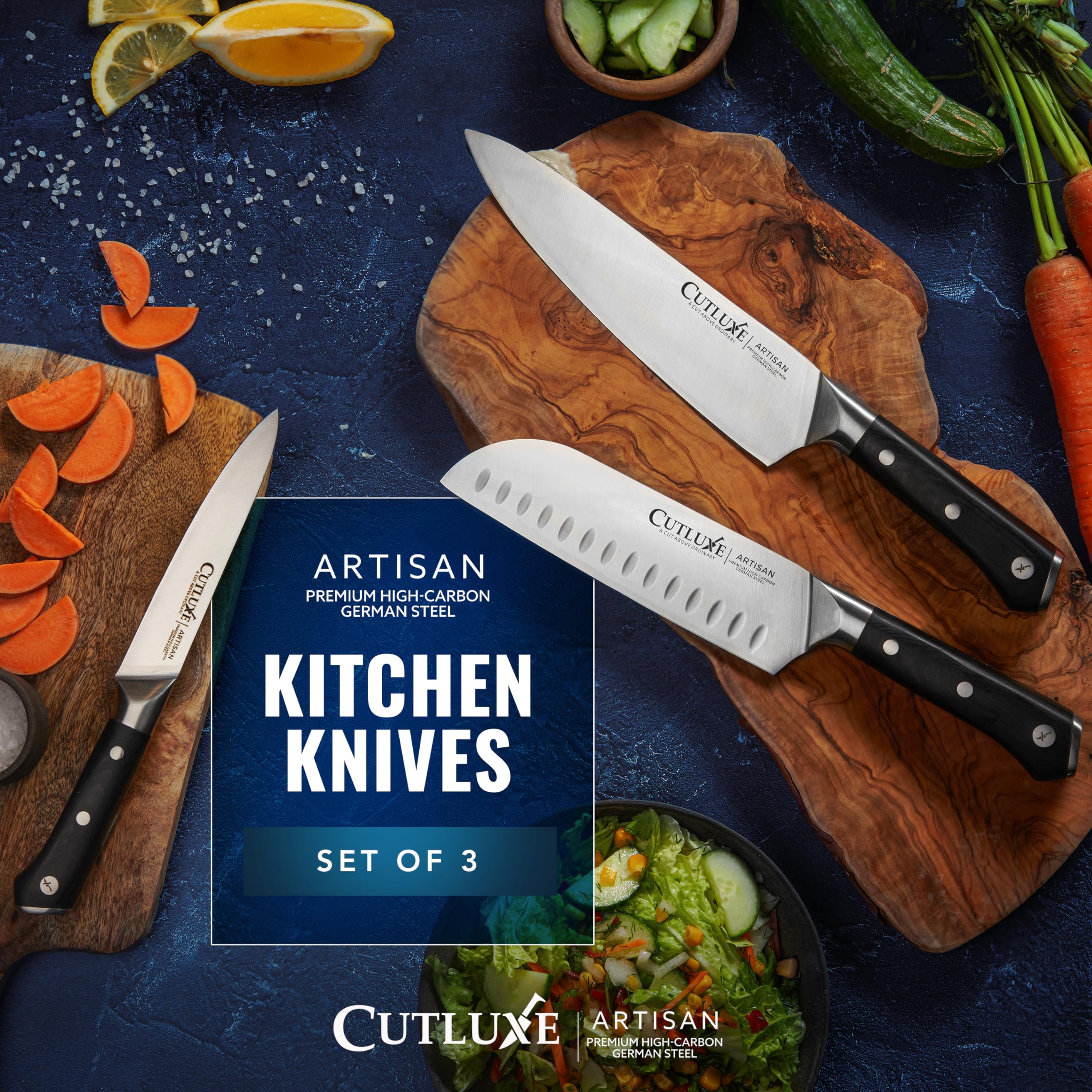 Cutluxe Artisan 3-Piece Knife Set: Ergonomic grip in hand for comfortable prep sessions.