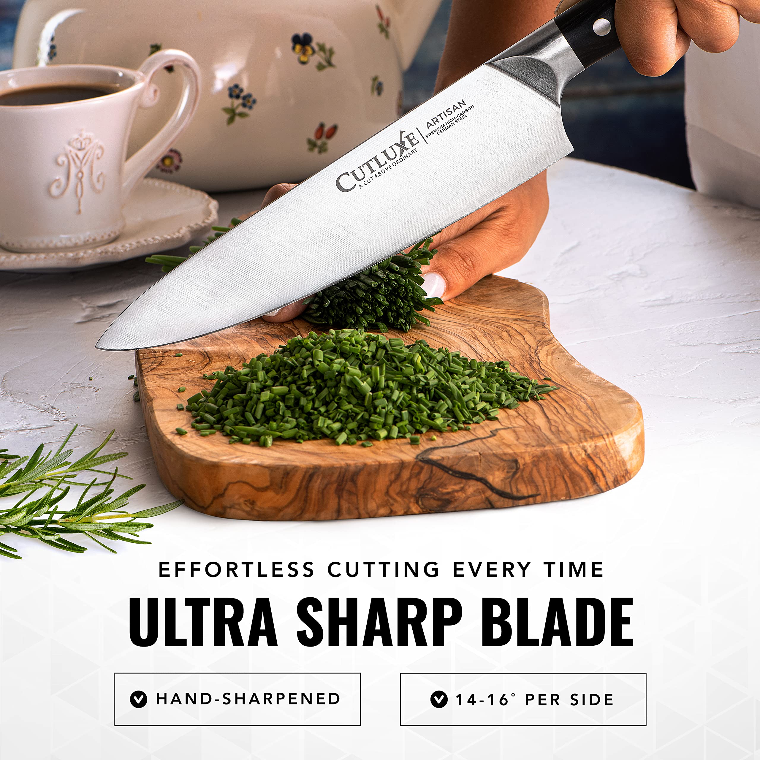 Cutluxe Artisan 3-Piece Chef Knife Set: Full tang and ergonomic handle for balanced cutting.