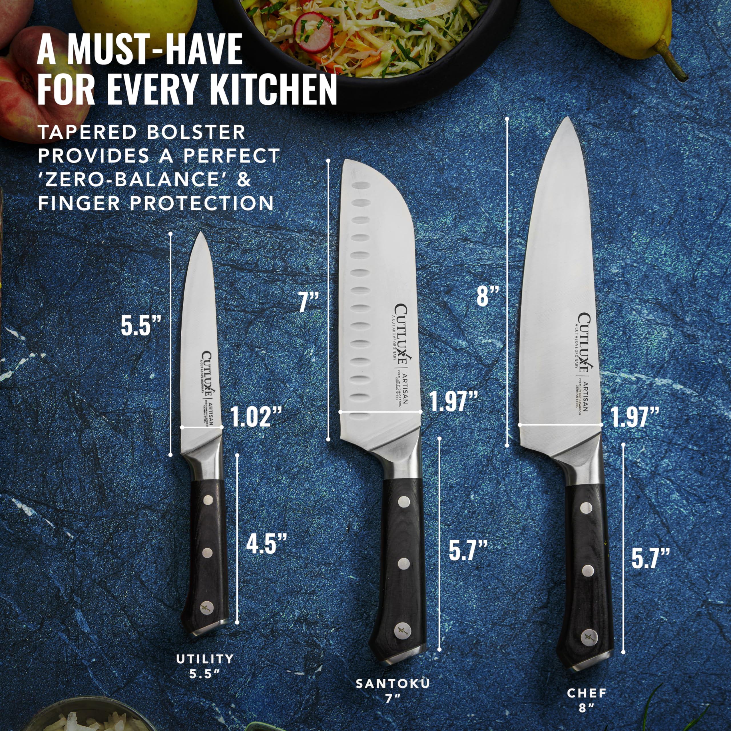 Cutluxe Artisan 3-Piece Knife Set: Gift-ready packaging ideal for weddings or housewarmings.