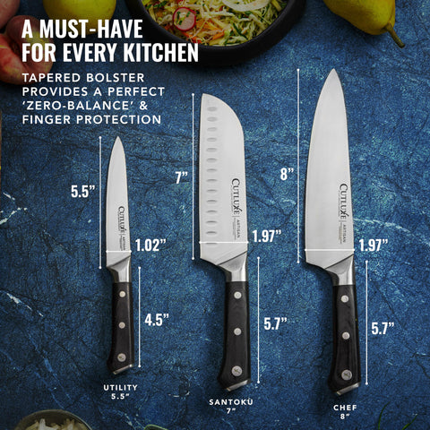 Cutluxe Artisan 3-Piece Knife Set: Gift-ready packaging ideal for weddings or housewarmings.