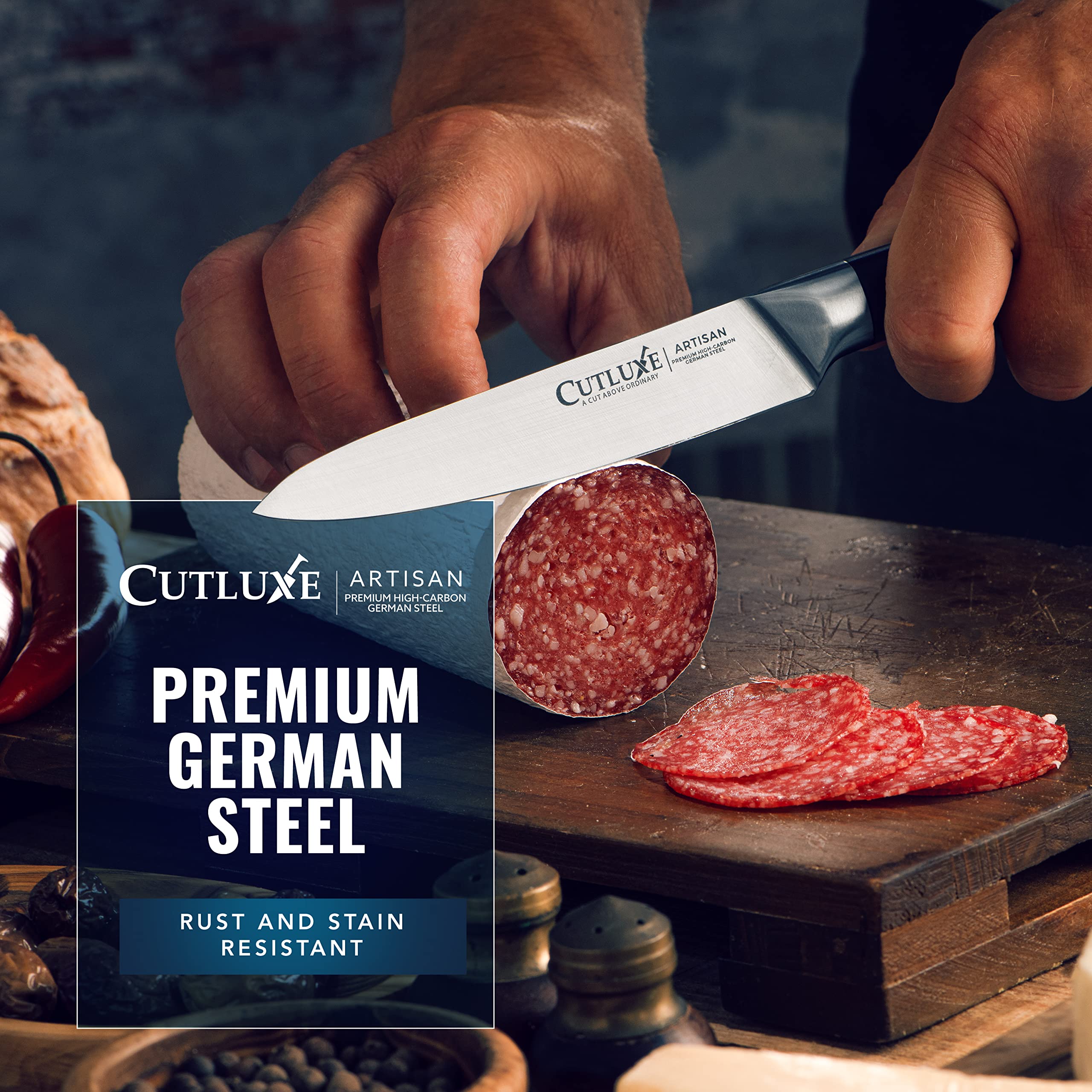 Cutluxe Artisan 3-Piece Knife Set: Razor-sharp edge close-up for effortless slicing.