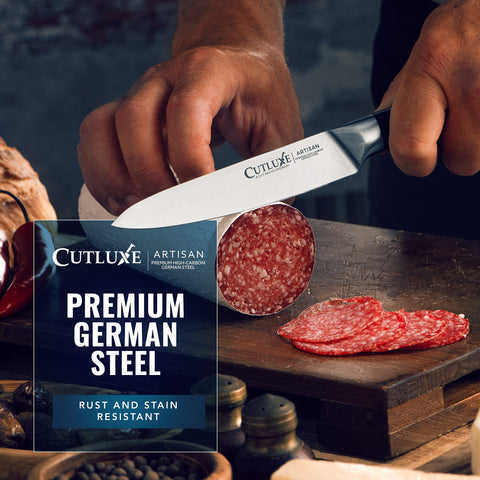 Cutluxe Artisan 3-Piece Knife Set: Razor-sharp edge close-up for effortless slicing.