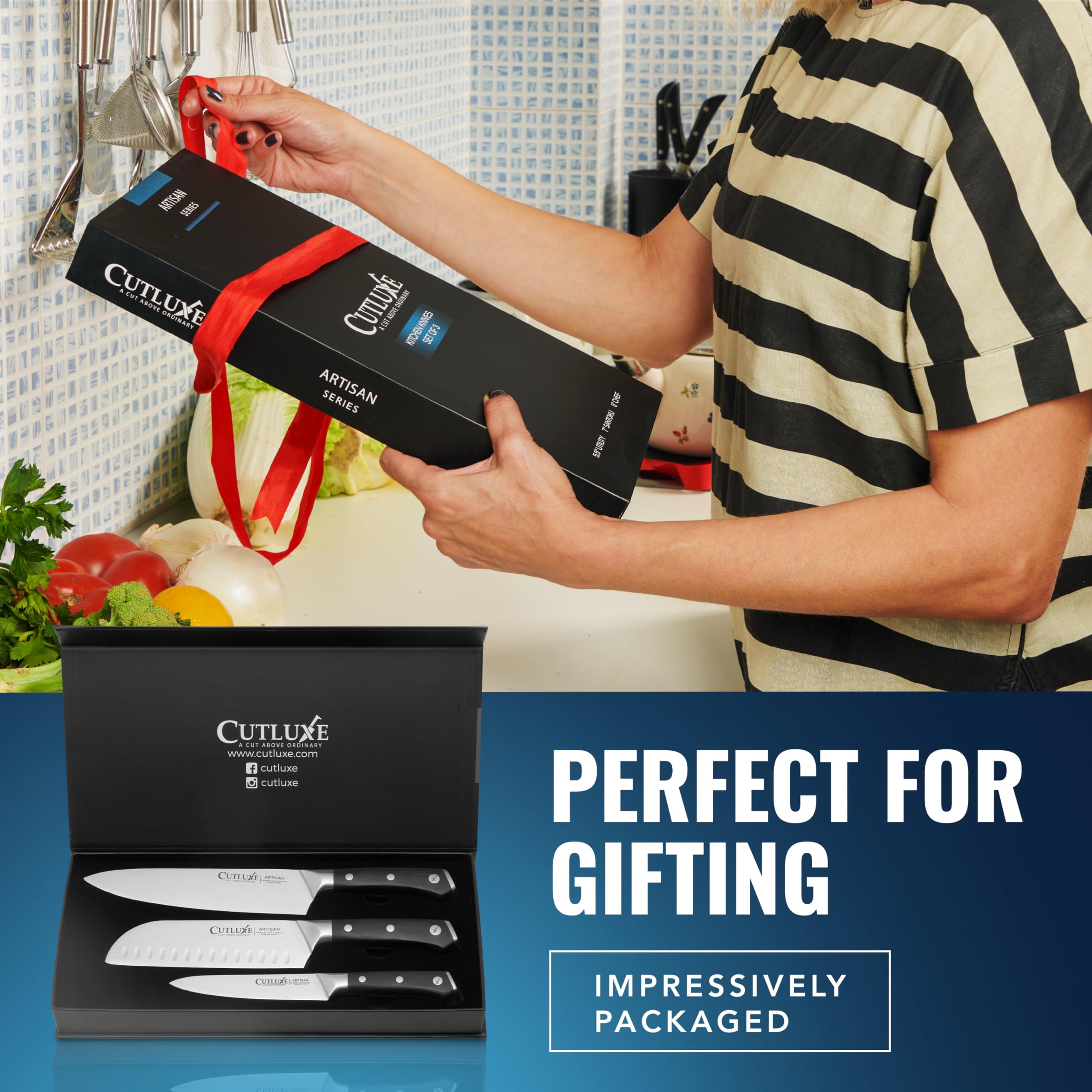 Cutluxe Artisan 3-Piece Knife Set: Lifetime warranty card signaling long-term confidence.
